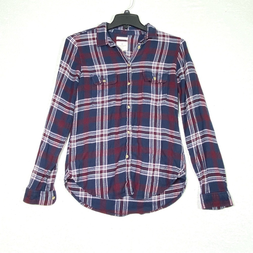 American Eagle Ahh Mazingly Soft Flannel Women's M Navy Blue Slim Fit Casual Top